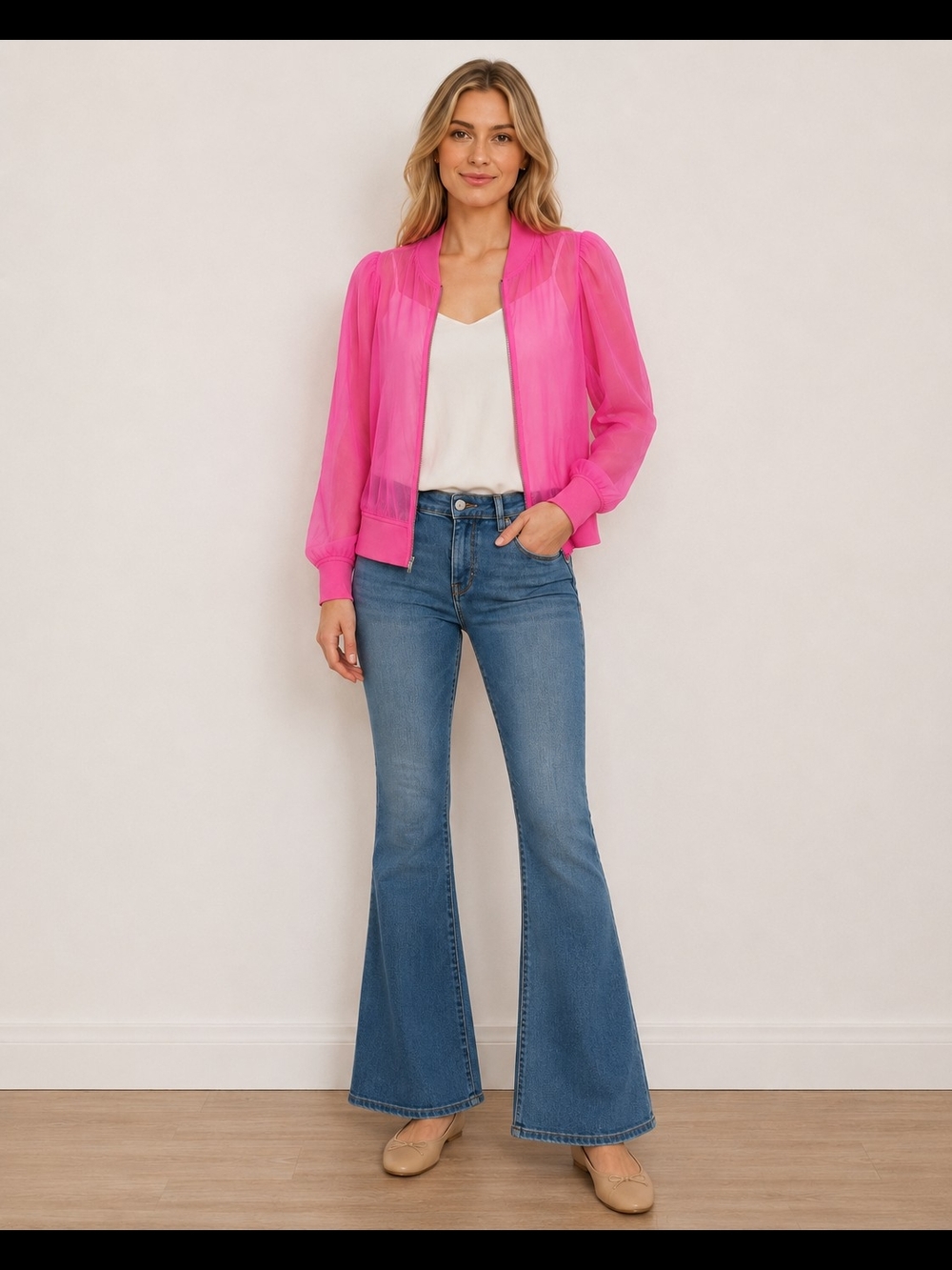 Madelyn Fuchsia Pink Sheer Bomber Jacket Size Small NWOT

Description: